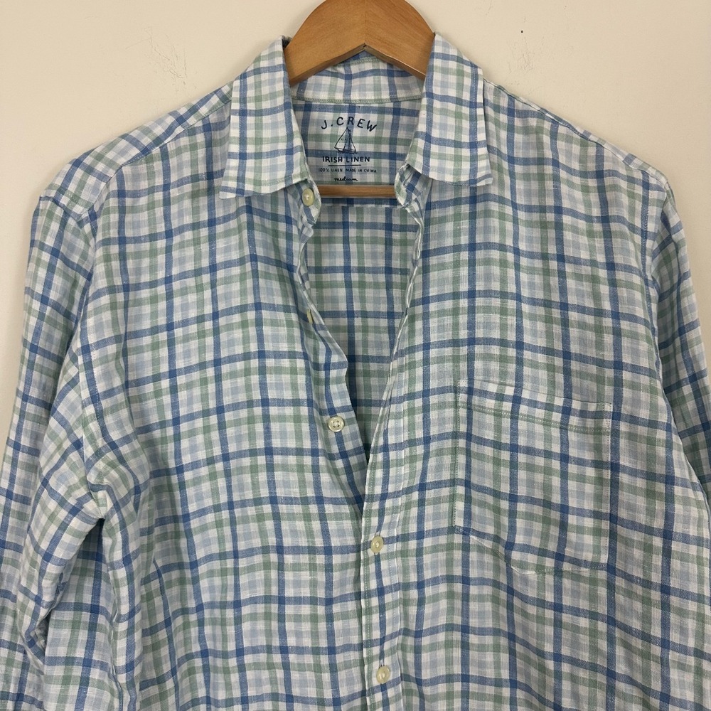 J.Crew Irish 100% Linen Shirt Blue Green Plaid Long Sleeve Button Up Mens M